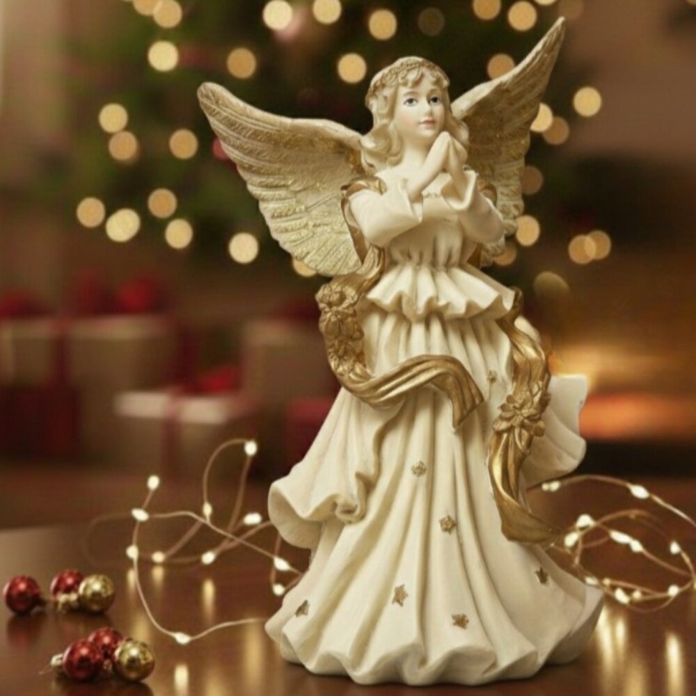 Vintage Praying Angel Figurine with Gold Details & Taper Candle Holder